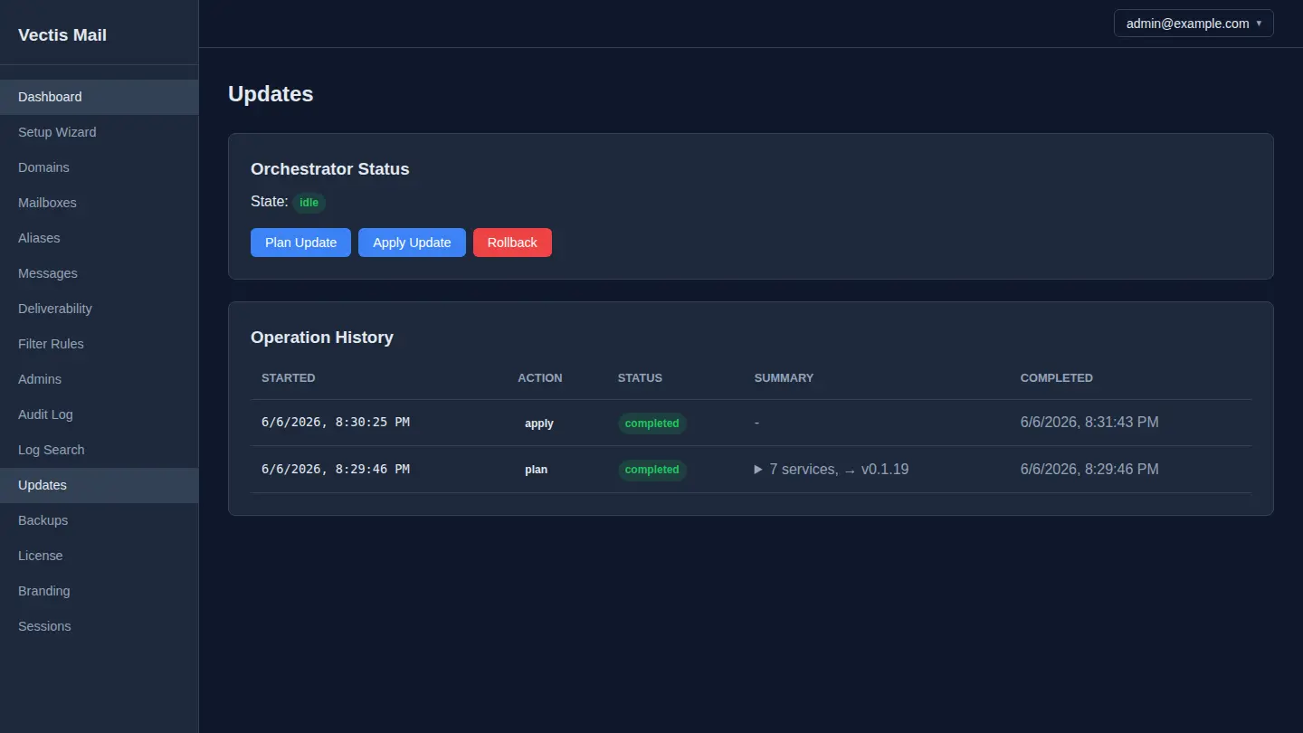 Vectis Mail admin dashboard — orchestrator updates with plan, apply, and rollback controls plus operation history