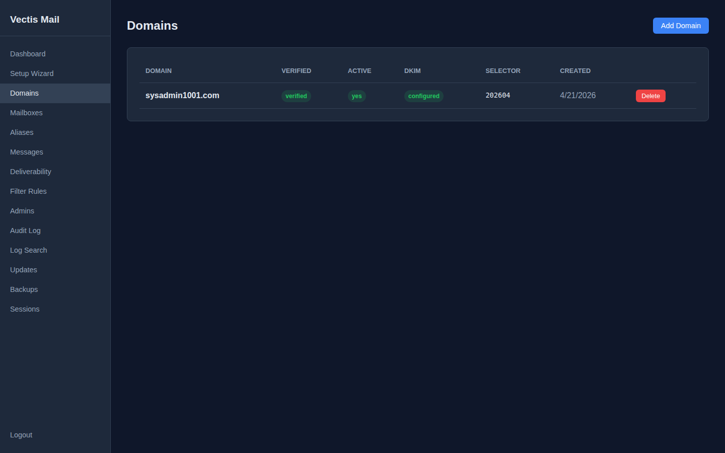 Domains page listing sysadmin1001.com as verified with DKIM configured